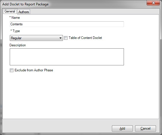 Add Doclet to Report Package dialog box.