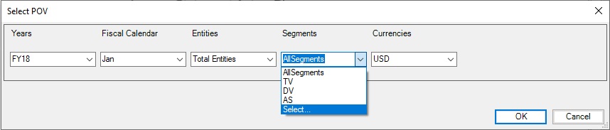Select POV dialog with drop-down menu selectors for each dimension in the report.