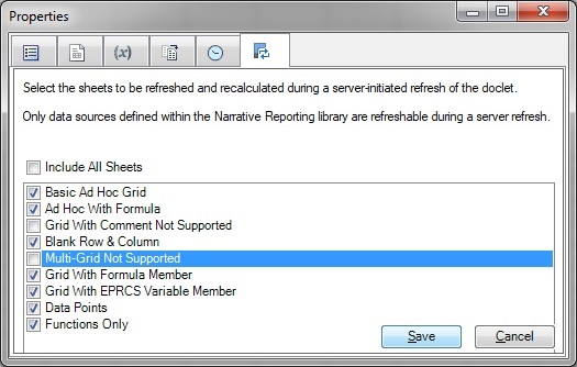 The Properties dialog, Opt In tab, showing several sheets selected for refresh, but not all sheets.