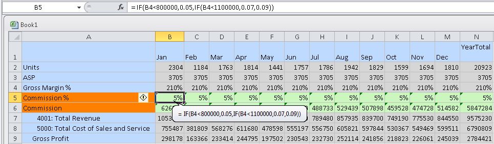 An ad hoc grid with the grid labels and business calculations added in the middle of the grid.