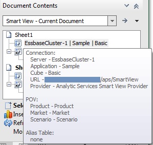 The connection properties of an ad hoc query, displayed after hovering the cursor over the object icon in the Document Contents tree. Properties shown are Server, Application, Cube, URL, Provider, POV, and Alias Table. The connection properties of an ad hoc query, displayed after hovering the cursor over the object icon in the Document Contents tree. Properties shown are Server, Application, Cube, URL, Provider, POV, and Alias Table.