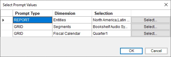The Select Prompt Values dialog. The dialog consists of rows and columns. Column headings are Prompt Type, Dimension, and Selection. Each row relates to a dimension in the report. Each row has a Select button. Click the Select button for the row to which you want to select prompt values.