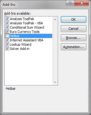 Add-Ins dialog showing the Hstbar add-in as disabled, and other available add-ins as enabled.