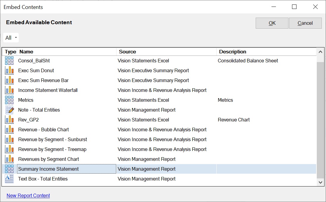 The Embed Contents dialog box with Summary Income Statement selected.