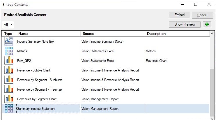 The Embed Contents dialog box with Summary Income Statement selected.