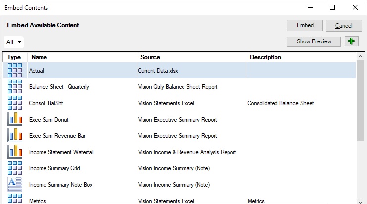 The Embed Contents dialog box, with a range, OpExps, selected
