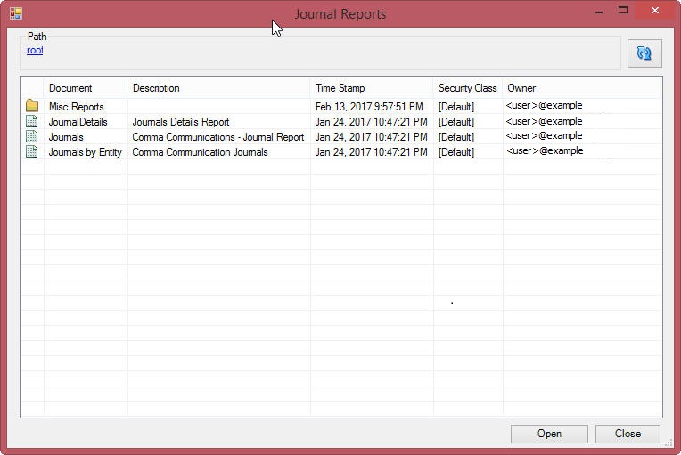 The Journal Reports dialog box. At the top portion of the Journal Reports dialog, you can click links to navigate into folders and then return to the root level. There is also a refresh button for refreshing the list of journals.