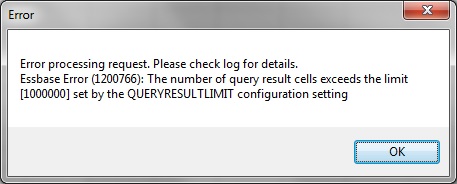 Error message returned when running a large MDX query against an aggregate storage database: Error processing request. Please check log for details. Essbase Error (1200766): The number f query result cells exceeds the limit [1000000] set by the QUERYRESULTLIMIT configuration setting.