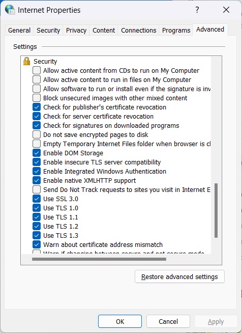 The Windows Internet Properties dialog showing the settings in the Security section, and all the available TLS version options; in this example, all TLS options are selected