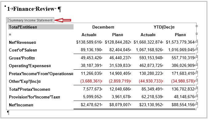 Embedded content selected in a Word doclet, the embedded content title, Summary Income Statement, is displayed Embedded content selected in a Word doclet, the embedded content title, Summary Income Statement, is displayed