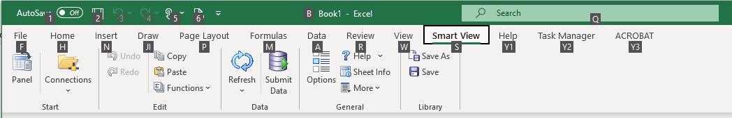 The Excel ribbon tab with just one extension enabled, shows the keyboard shortcuts to access the Smart View ribbon, along with theTask Manager extension. In this case, the Smart View ribbon shortcut is Alt+S, and Task Manager shortcut is Alt+Y2. The Excel ribbon tab with just one extension enabled, shows the keyboard shortcuts to access the Smart View ribbon, along with theTask Manager extension. In this case, the Smart View ribbon shortcut is Alt+S, and Task Manager shortcut is Alt+Y2.