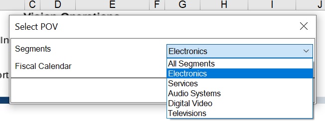 Select POV dialog, showing two dimensions, and a drop-down list box where you select a member from the drop-down list for each dimension. Select POV dialog, showing two dimensions, and a drop-down list box where you select a member from the drop-down list for each dimension.
