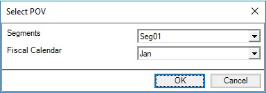 Select POV dialog, showing two dimensions, and a drop-down list box where you select a member from the drop-down list for each dimension. Select POV dialog, showing two dimensions, and a drop-down list box where you select a member from the drop-down list for each dimension.