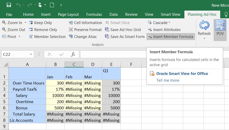 Shows the Insert Member Formula option in the Planning Ad Hoc ribbon in the Analysis group. Shows the Insert Member Formula option in the Planning Ad Hoc ribbon in the Analysis group.