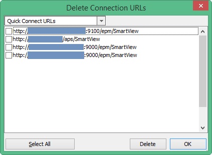 Delete Connections URL dialog showing a text box with a drop-down menu selector, and a list of private connection URLs with a check box next to each URL. There is also a Select All button, a Delete button, and an OK button. Delete Connections URL dialog showing a text box with a drop-down menu selector, and a list of private connection URLs with a check box next to each URL. There is also a Select All button, a Delete button, and an OK button.