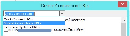 A snippet from the Delete Connection URLs dialog, showing the drop-down menu from the text box with the Extension Updates URLs option selected A snippet from the Delete Connection URLs dialog, showing the drop-down menu from the text box with the Extension Updates URLs option selected