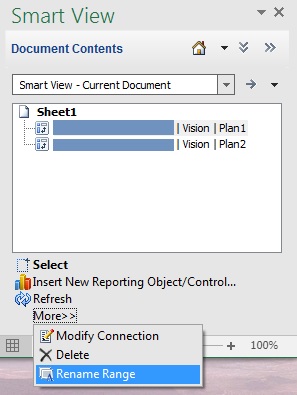 Document Contents pane showing the Vision Plan1 grid selected, and the menu expanded to show the Rename Range command selected. Document Contents pane showing the Vision Plan1 grid selected, and the menu expanded to show the Rename Range command selected.