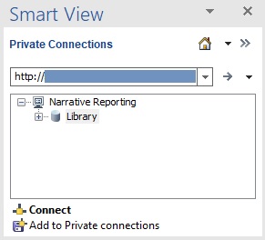 The Smart View panel showing the Library node selected and the Connect option below in the Action panel. The Smart View panel showing the Library node selected and the Connect option below in the Action panel.