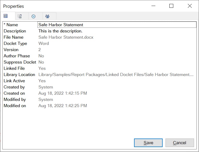 Properties tab in the Properties dialog box for a selected linked regular doclet Properties tab in the Properties dialog box for a selected linked regular doclet