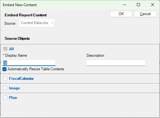 The Embed New Content dialog box with a named range selected.