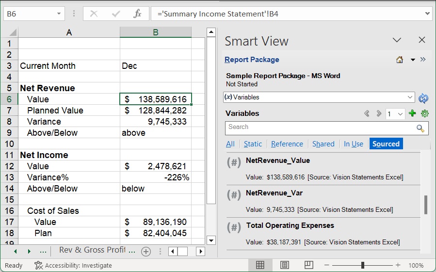 The Rules tab in the Vision Statements reference doclet, with cell B6 highlighted with a green border, showing the source of the reference variable to be cell B4 on the Summary Income Statement sheet of the Excel reference doclet