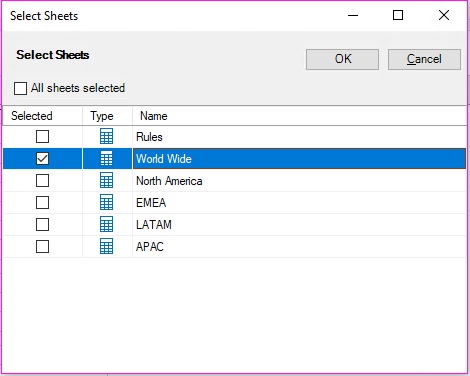 Select Sheets dialog; six workbook sheets are listed and selectable; in this example, only one sheet is selected Select Sheets dialog; six workbook sheets are listed and selectable; in this example, only one sheet is selected