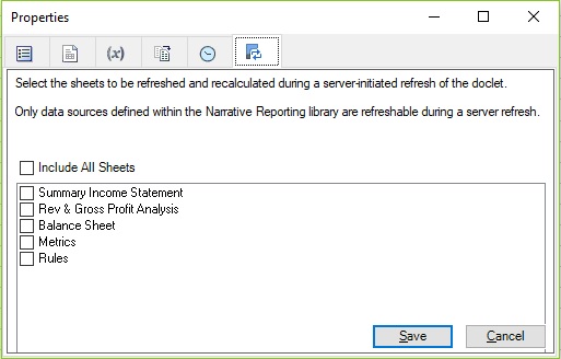 Properties dialog, Opt In tab, showing the sheets available for selection in the workbook. Properties dialog, Opt In tab, showing the sheets available for selection in the workbook.