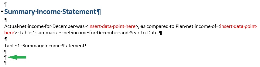 A portion of a Word doclet, showing an arrow pointing at a paragraph marker. This is where the content will be embedded.