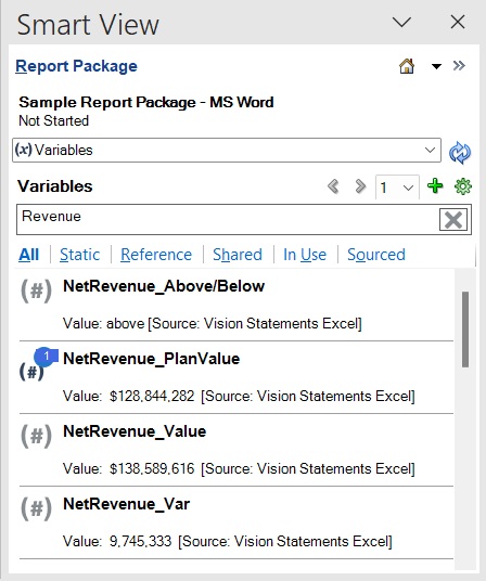 Reports Package panel showing a list of variables filtered as based on the searched term.