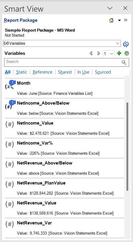 Reports Package panel showing a list of available variables.