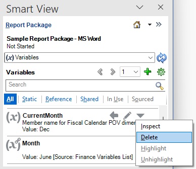 The Options menu for the selected variable, where you can select the Delete option. The Options menu for the selected variable, where you can select the Delete option.
