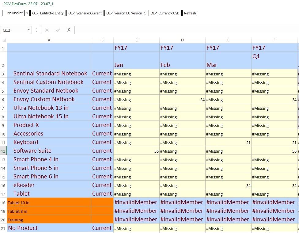 Flex Form with Missing Member Names in Column B, Rows 18, 19, and 20 Flex Form with Missing Member Names in Column B, Rows 18, 19, and 20