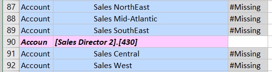 Portion of Excel worksheet with "Accoun" in column A of row 90, and the qualitfied member name of Sales South in column B of row 90 Portion of Excel worksheet with "Accoun" in column A of row 90, and the qualitfied member name of Sales South in column B of row 90