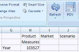 The POV button is toggled off. All POV members Product, Market, and Scenario are displayed in the top row. Measures is a column member; Year is the row member. The POV button is toggled off. All POV members Product, Market, and Scenario are displayed in the top row. Measures is a column member; Year is the row member.