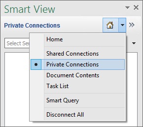 The Home button drop-down menu showing the Private Connections option selected. The Home button drop-down menu showing the Private Connections option selected.