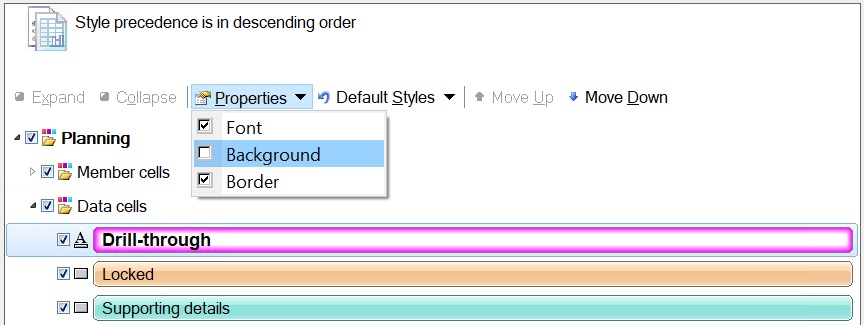 Properties drop-down menu listing the Font, Background, and Border style properties Properties drop-down menu listing the Font, Background, and Border style properties