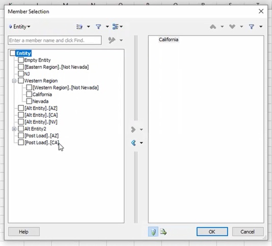 Member Selector dialog in Smart View, showing hierarchy structure that includes shared members