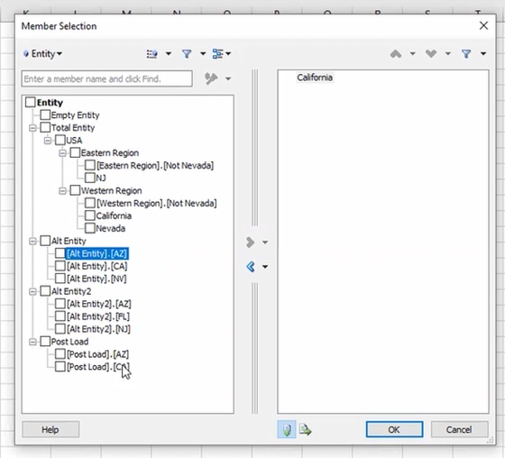 Member Selector in Smart View showing the full hierarchy structure to which the user has Read access