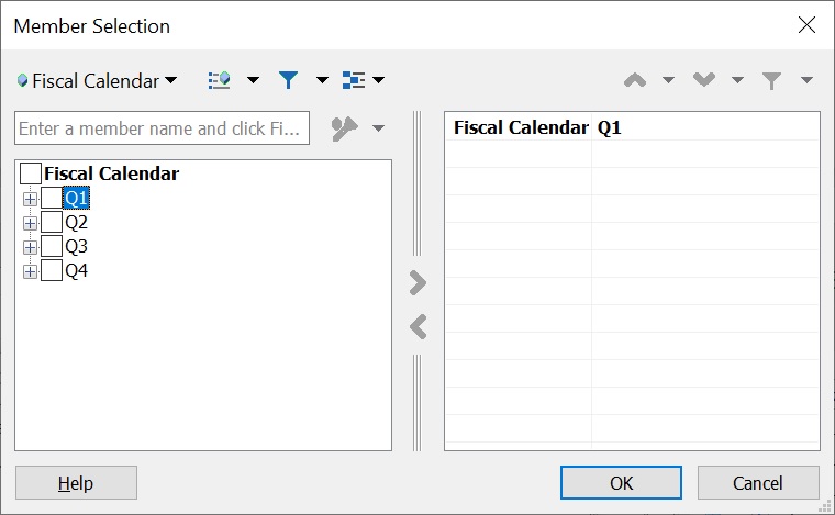 Member Selection dialog, with Q1 selected for the POV dimension