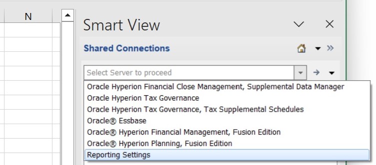 Example of a shared connection to EPM Workspace. The drop-down menu shows several EPM System applications, such as Financial Management and Strategic Planning, to which you can connect