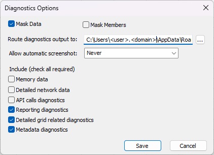 The Diagnostics Options dialog box