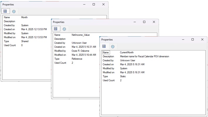 Shows Properties dialogs for static, reference, and shared variables. Properties listed are, Name, Description, Created by, Created on, Modified by, Modified on, Type of variable, and Used Count