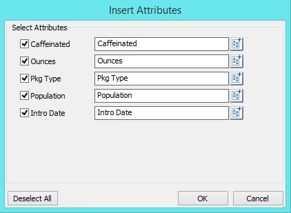 Insert Attributes dialog listing all attribute dimensions, a check box next to each attribute dimension name, and a Member Selection button where you can select individual attribute members to add as page dimension on the sheet.