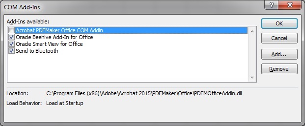 COM Add-Ins dialog showing the Acrobat PDFMaker Office COM Addin as disabled, and other available add-ins as enabled. COM Add-Ins dialog showing the Acrobat PDFMaker Office COM Addin as disabled, and other available add-ins as enabled.