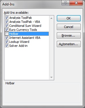 Add-Ins dialog showing the Hstbar add-in as disabled, and other available add-ins as enabled. Add-Ins dialog showing the Hstbar add-in as disabled, and other available add-ins as enabled.