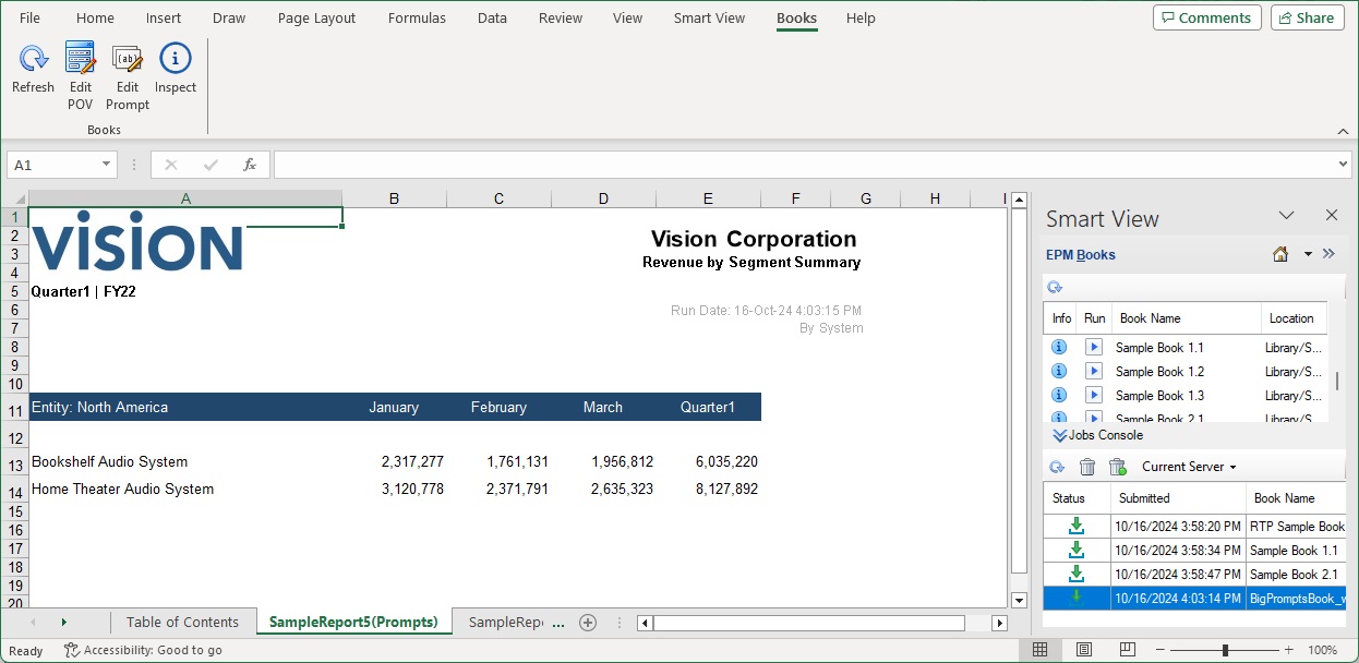 Books ribbon and example report, with TOC and report worksheet tabs in book downloaded into Excel