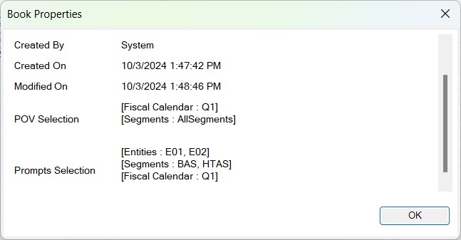 Book Properties dialog for the current report, showing the POV Selection and Prompts Selection properties. Other properties showing are Created By, Created On date, and Modified On date.