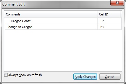 The Comment Edit dialog box, showing two comments that can be edited. The Comment Edit dialog box, showing two comments that can be edited.