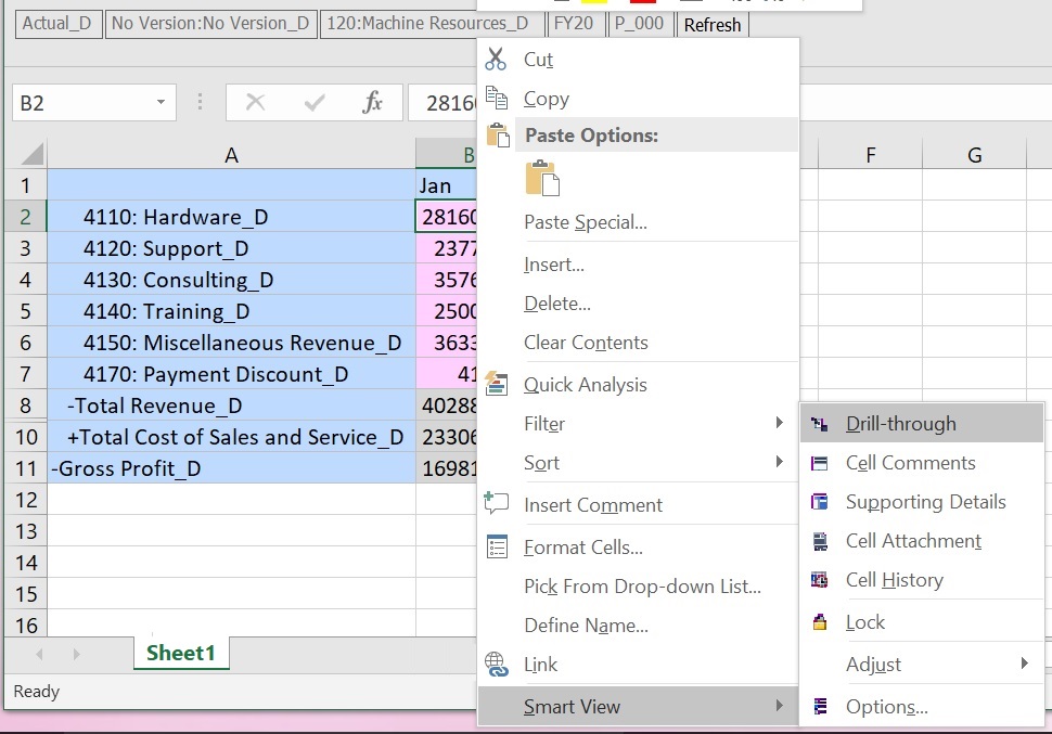 Form showing pink drill-through cells and the right-click context menu option, Smart View, with the submenu option, Drill-Through Form showing pink drill-through cells and the right-click context menu option, Smart View, with the submenu option, Drill-Through