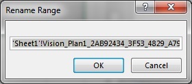 NEED NEW GRAPHIC EXAMPLE! The Rename Range dialog box showing the range name that was auto-generated by Excel. NEED NEW GRAPHIC EXAMPLE! The Rename Range dialog box showing the range name that was auto-generated by Excel.
